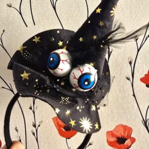 Vincha Halloween SOMBRERO DE BRUJA CON PLUMAS Y OJOS