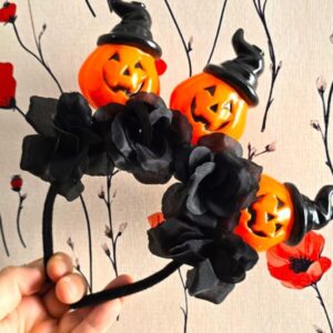 Vincha Halloween CALABAZAS CON FLORES NEGRAS
